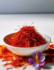 Fototapeta premium A bowl of vibrant red saffron threads with a purple crocus flower.