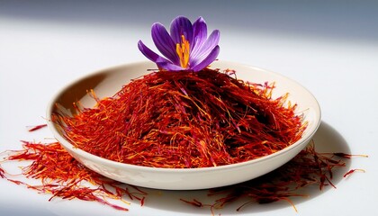Fototapeta premium A bowl of vibrant red saffron threads, topped with a delicate purple saffron flower. Aromatic and luxurious.