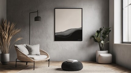 Serene Minimalist Living Room with Monochrome Landscape Art