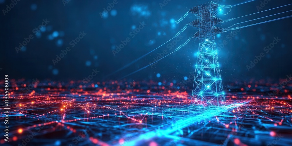 Poster glowing hologram of an ai-driven smart energy tower showcasing advanced technology and futuristic de
