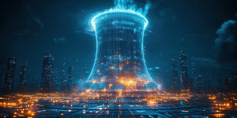 Futuristic Urban Cooling Tower Hologram, innovative design, sustainable technology, vibrant illumination, smart city infrastructure