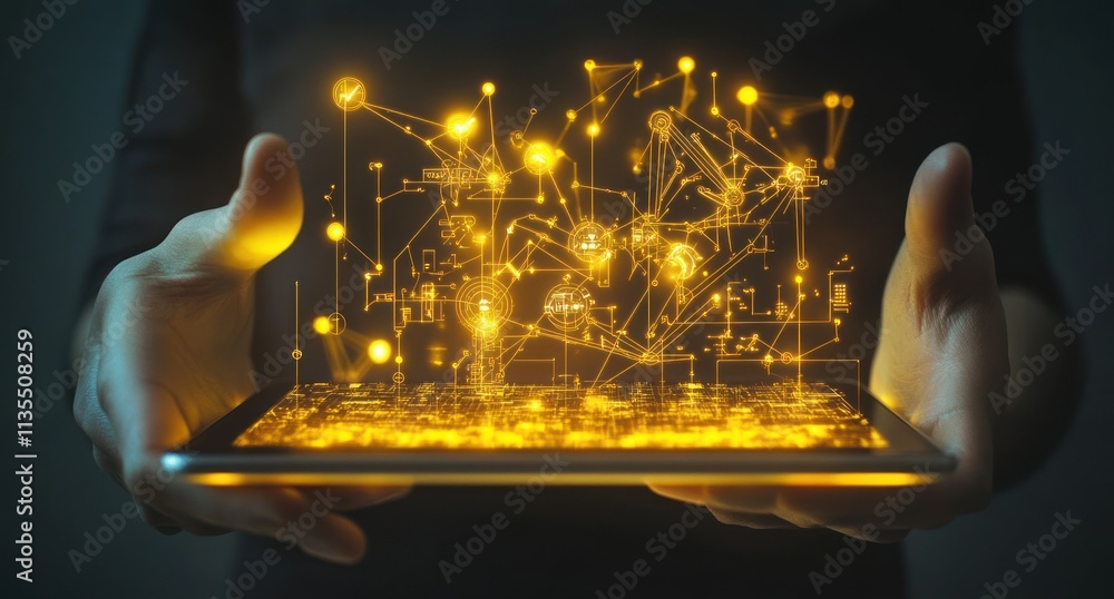 Poster hands hold a glowing digital network above tablet.