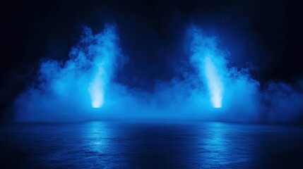 Blue neon light illuminating fog on dark reflective floor.