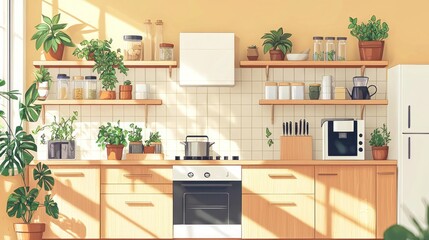 Fototapeta premium Serene Minimalist Kitchen with Wooden Cabinetry and Potted Herbs for Simple Living | 2D Flat Illustration