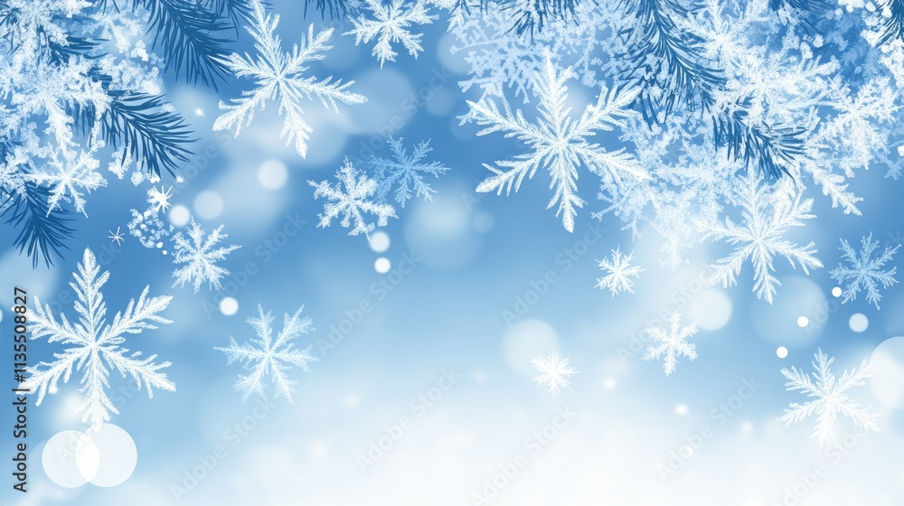 Poster frosty snowflake pattern on soft blue background with bokeh effect