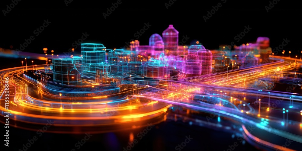 Poster futuristic holographic 3d map of automated delivery network, showcasing intricate routes and nodes i