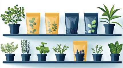 Fototapeta premium Eco-Friendly Sustainable Product Line in 2D Flat Illustration on Shelves with Biodegradable Packaging Solutions