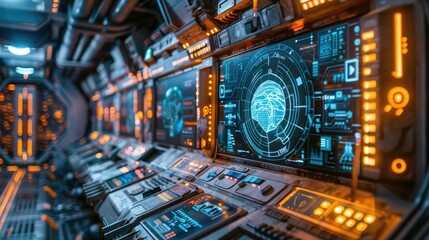Futuristic control room with glowing screens and intricate technology.
