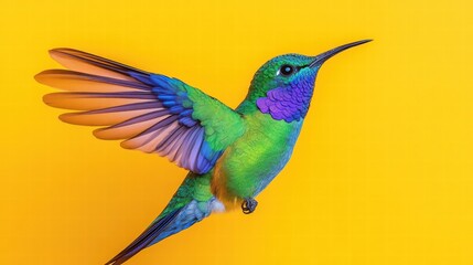 Fototapeta premium Vibrant Hummingbird in Flight Against Yellow Background