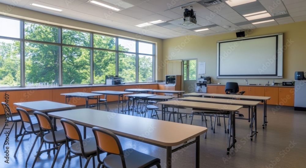 Poster bright empty classroom with tables, chairs, and screen.