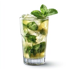 A refreshing mint drink in a glass filled with ice and mint leaves.