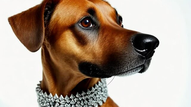 Dog with a sparkling collar poses for a striking portrait in a studio setting