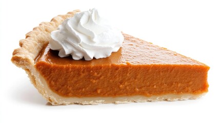 Delicious Pumpkin Pie Slice with Whipped Cream on White Background