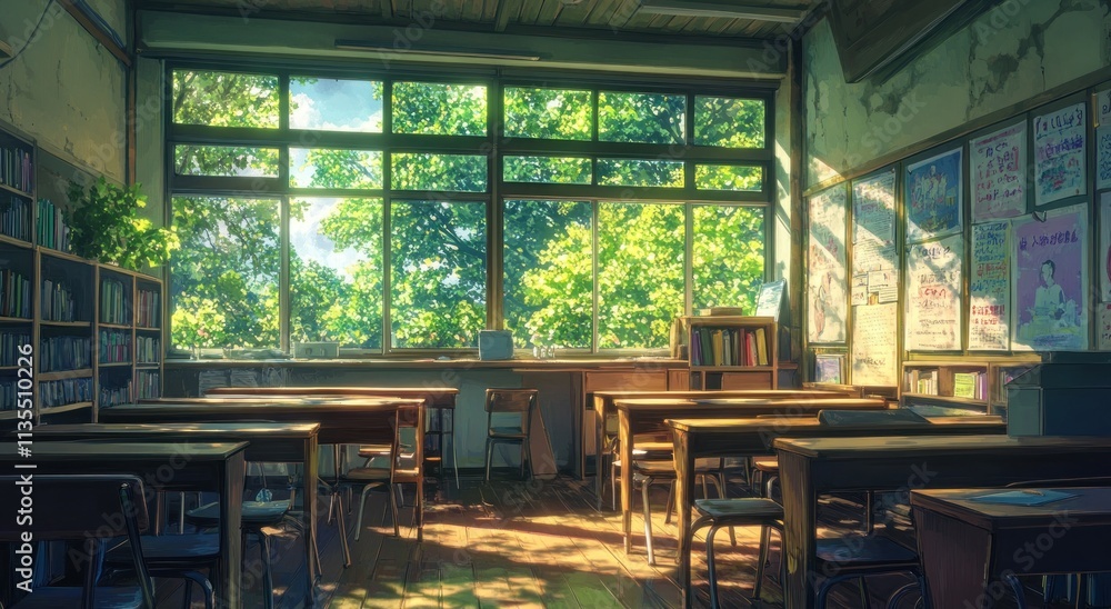 Aufkleber empty classroom with bright sun through the window.
