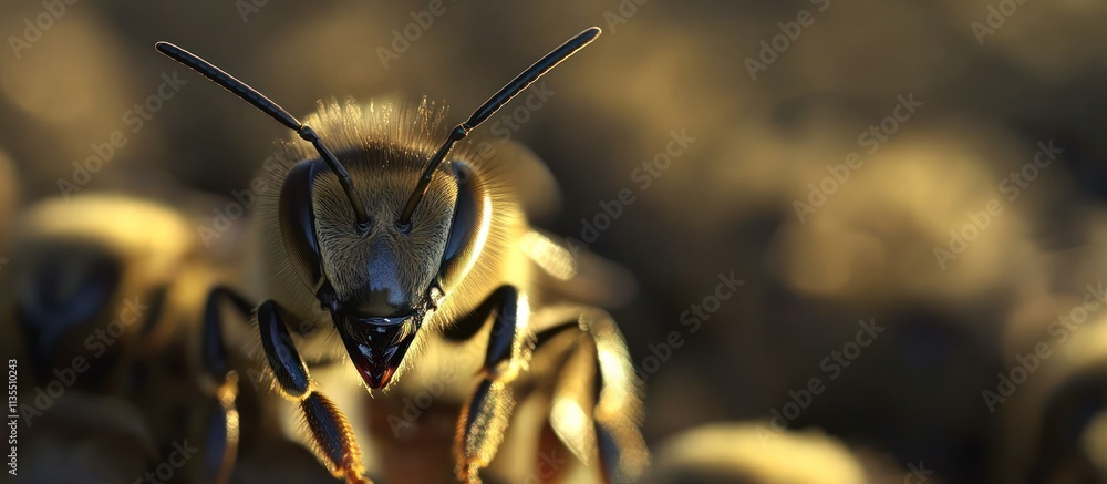 Aufkleber honeybee close-up facing camera on hive with focus and golden tones.