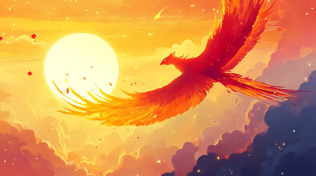 Wallpaper background, an eternal optimist believing in audacious dreams of riding a flying phoenix into the sunset., furturism. Eternal. Illustration