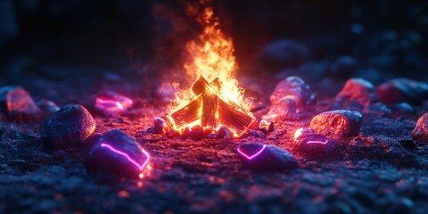 Holographic campfire icon glowing with neon stones, vibrant colors, captivating design, immersive visual experience, modern digital art