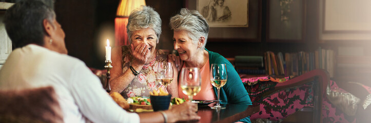 Elderly people, friends and happy in home for dinner, reunion or gossip story in banner. Senior...