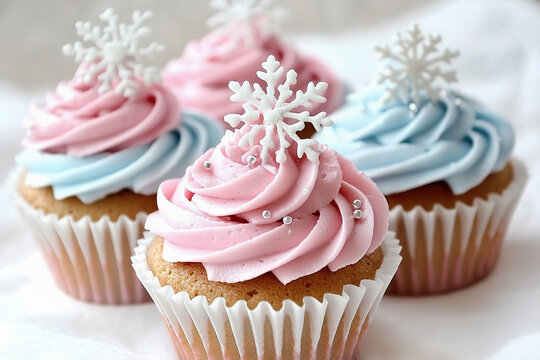 Winter themed cupcakes with pastel frosting and snowflake decorations