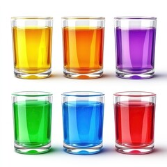 Six colorful glasses filled with vibrant beverages arranged in two rows.