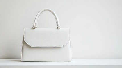 A minimalist white handbag displayed on a shelf against a light background.