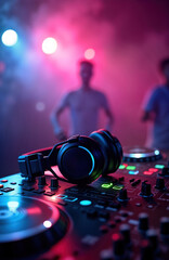 DJ headphones on DJ console in smoky nightclub. Colorful vibrant lighting. Music and dance atmosphere. Party scene with illuminated lights. DJ performing in club.