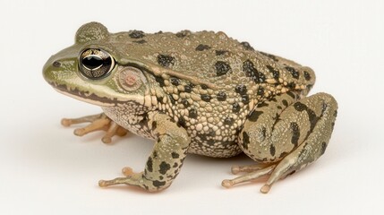Obraz premium A Close-Up View of a Speckled Green Frog on White Background