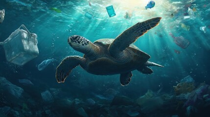Fototapeta premium Turtle swims through polluted ocean with floating plastic.