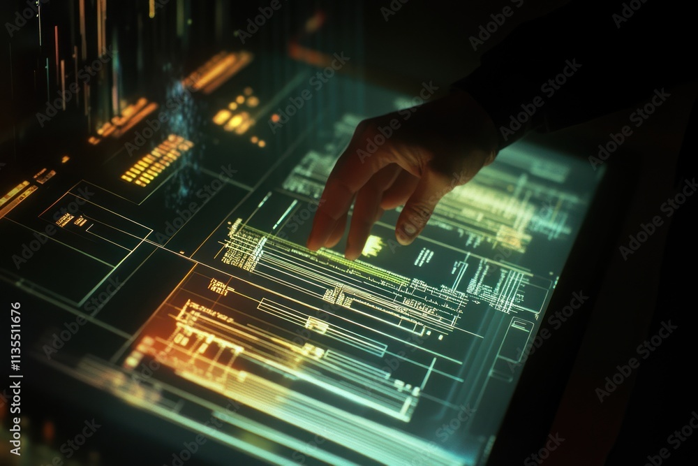 Poster Person uses touch screen with digital interface displaying data.
