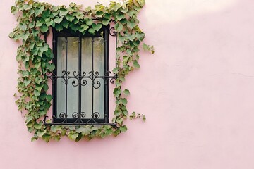 アイアン装飾の窓と緑のツタが絡むピンクの壁 | Pink Wall with Iron Decorated Window and Green Ivy
