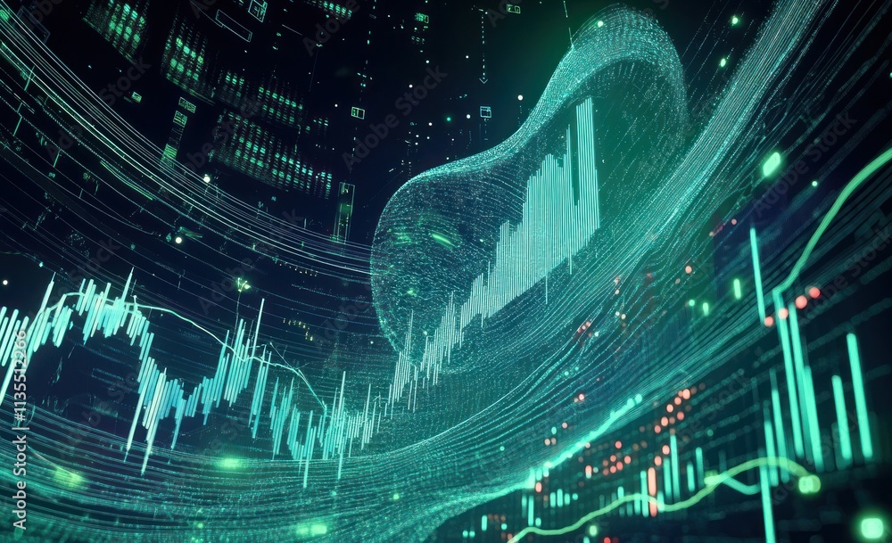 Aufkleber Green digital data graphs with flowing lines, abstract technology.