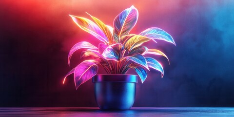 Vibrant Holographic Houseplant Icon, Glowing Neon Design, Colorful Pot Patterns, Modern Aesthetic, Decorative Element