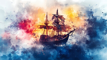 Obraz premium Pirate ghost ship, trapped in an eternal storm, cursed crew, watercolor style. Eternal. Illustration