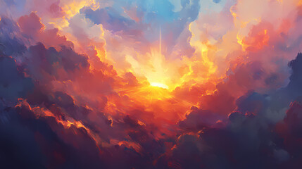 Radiant divine light shining through majestic clouds in vibrant sky signifying gods eternal presence digital painting. Eternal. Illustration