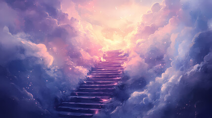 Stairs leading to heaven, with clouds and light in the sky, symbolizing eternal life and spiritual iconization. Eternal. Illustration