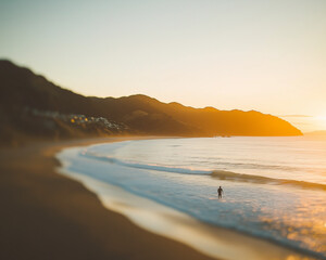 beach paradise, summer photo, golden sunlight, people, new zealand, coastal shot, high resolution, , water, ocean. Themes of holidays, lifestyle, quality of life, beautiful photography, bright morning