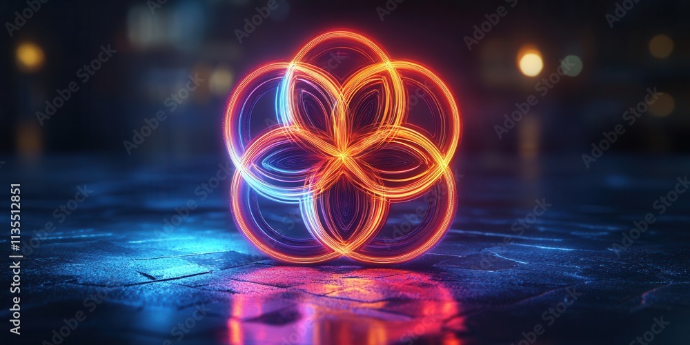 Poster glowing neon mandala, a vibrant holographic design featuring dynamic swirling patterns in a mesmeriz