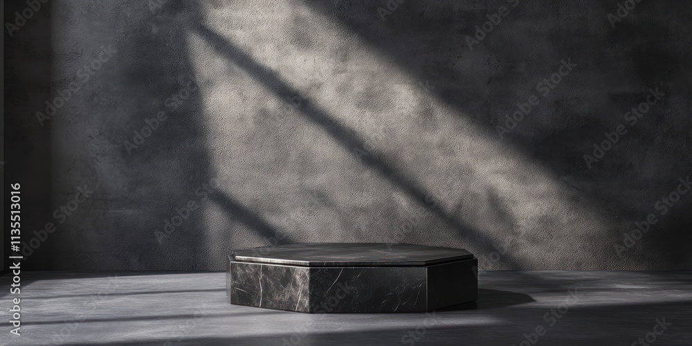 Poster dark hexagon platform in concrete room with strong window light, minimalist design.