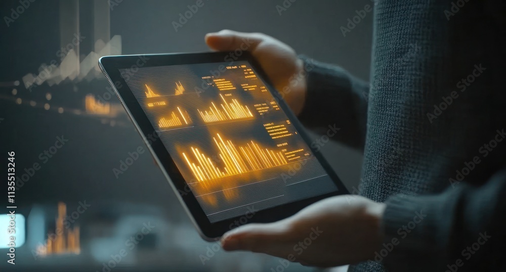 Fototapete person holds a tablet showing glowing graphs and data analysis.