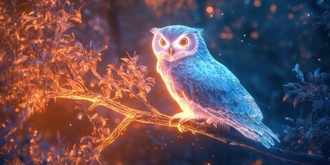 Glowing Neon Owl on Radiant Branch, a vibrant holographic representation of wisdom and nature, showcasing a striking interplay of color and light.