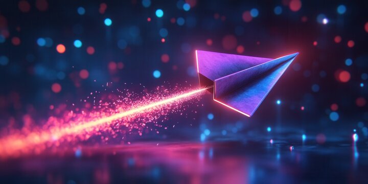 Neon Paper Airplane Icon, a holographic symbol with a glowing trail, vibrant colors illuminating the digital space, sleek and modern design