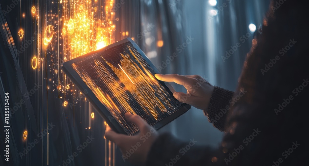 Poster Hands use a tablet with glowing code and digital elements.
