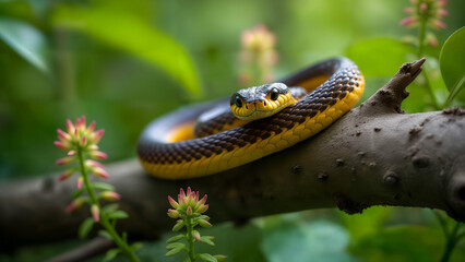 Obraz premium Garter Snake Coiled Among Vibrant Foliage