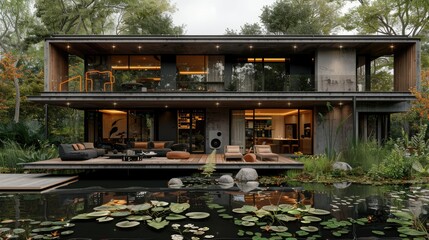 Modern two-story house surrounded by nature with a serene pond and lush greenery.