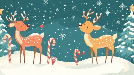 Naklejka premium Cheerful Reindeer with Candy Canes in a Festive Winter Scene