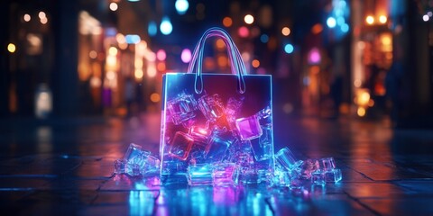 Naklejka premium Neon Shopping Bag Icon, a vibrant holographic symbol featuring a luminous bag overflowing with radiant products, perfect for modern retail themes