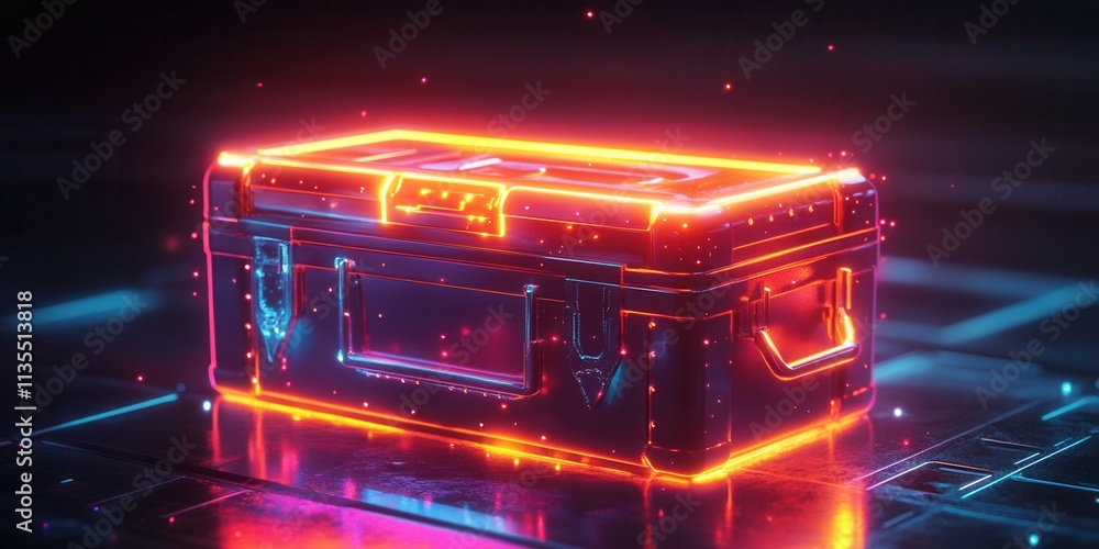 Poster neon toolset, a captivating holographic icon showcasing a glowing toolbox with radiant tools elegant