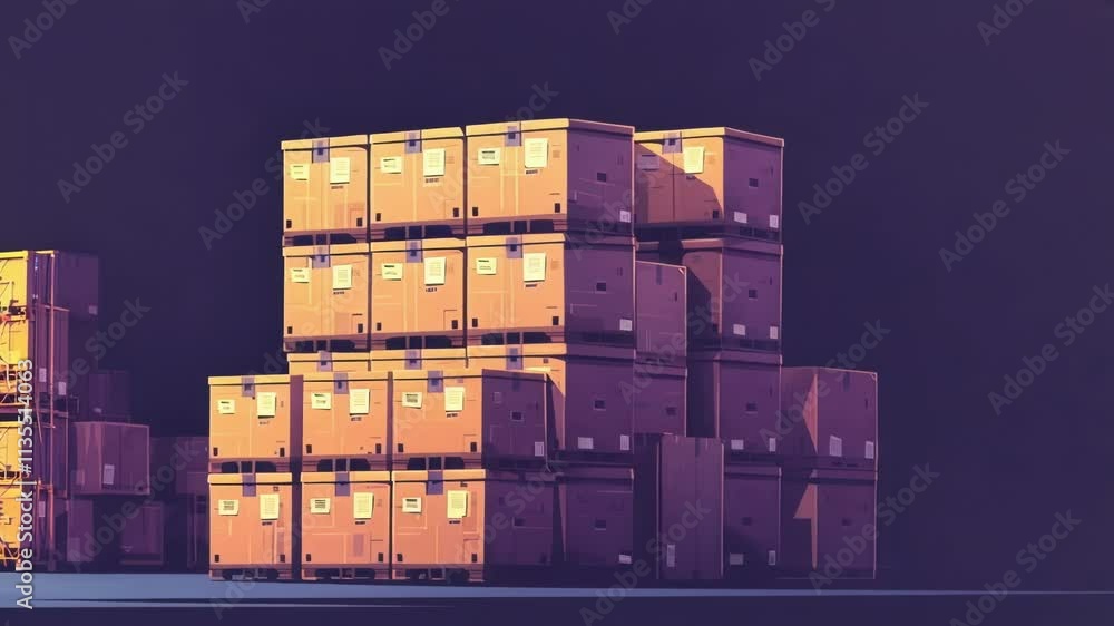 Poster robotic arm is stacking boxes on pallets in a modern automated warehouse. the arm is moving quickly 