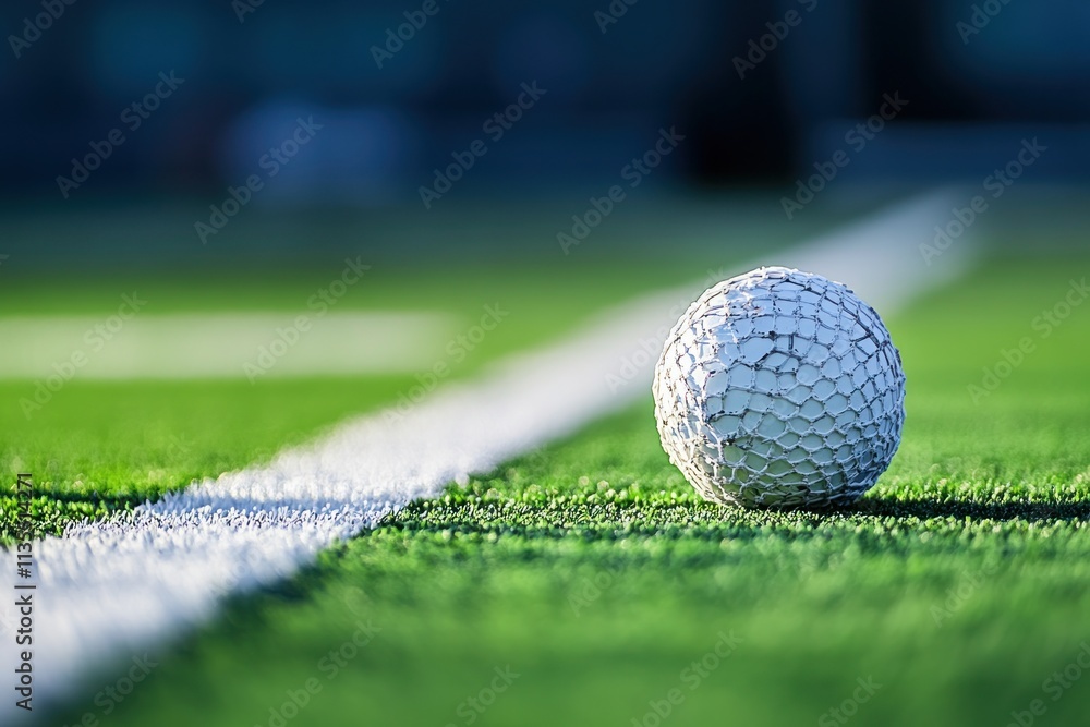 Poster close view of white ball on a green field with a painted white line.