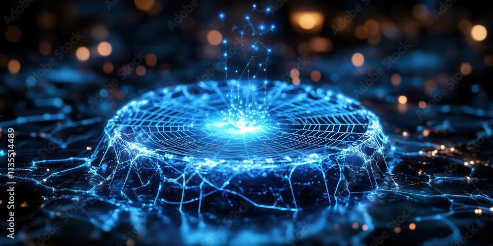 Poster glowing spider web with radiant dew, a holographic icon showcasing intricate patterns and shimmering